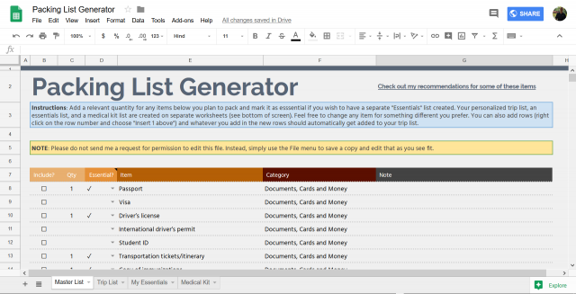 What to Pack: The Ultimate Travel Packing List and Custom List Generator packing list generator google sheets master list 640x327 - What to Pack: The Ultimate Travel Packing List and Custom List Generator